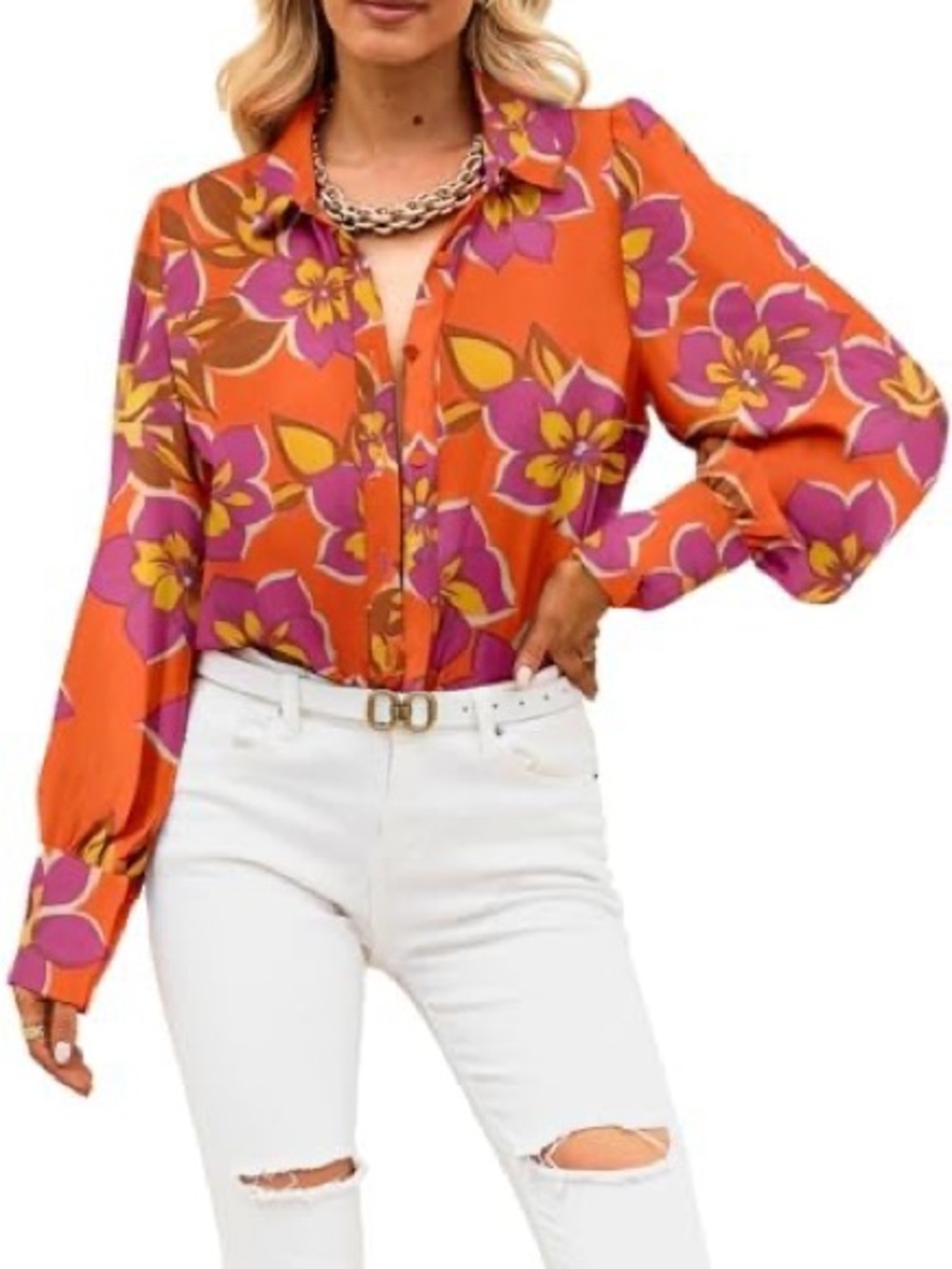 BTFBM Orange Floral Puff Sleeve Button Blouse XL Retro Chic